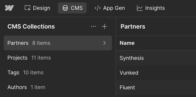 The CMS tab, with two buttons next to the title
