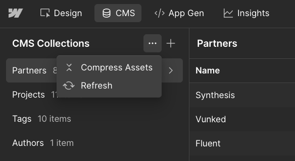 The dropdown menu in the Webflow CMS showing the 'Compress Assets' option