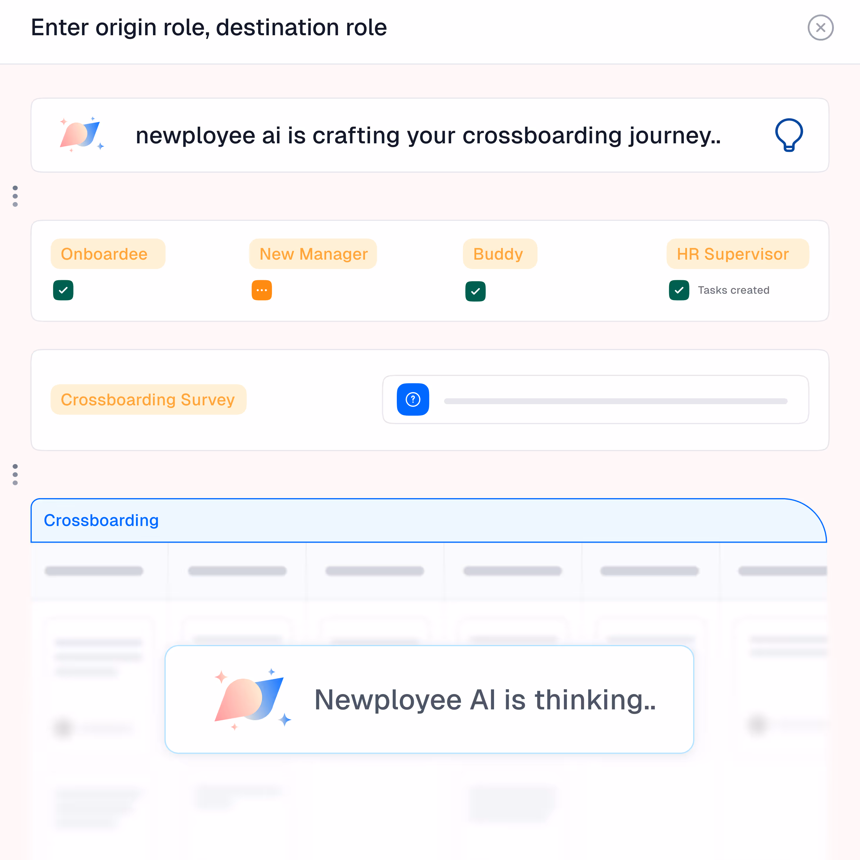 AI powered crossboarding flow creation interface where origin role and destination role are defined, and Newployee AI automatically generates tasks, owners, and timelines for the transition.