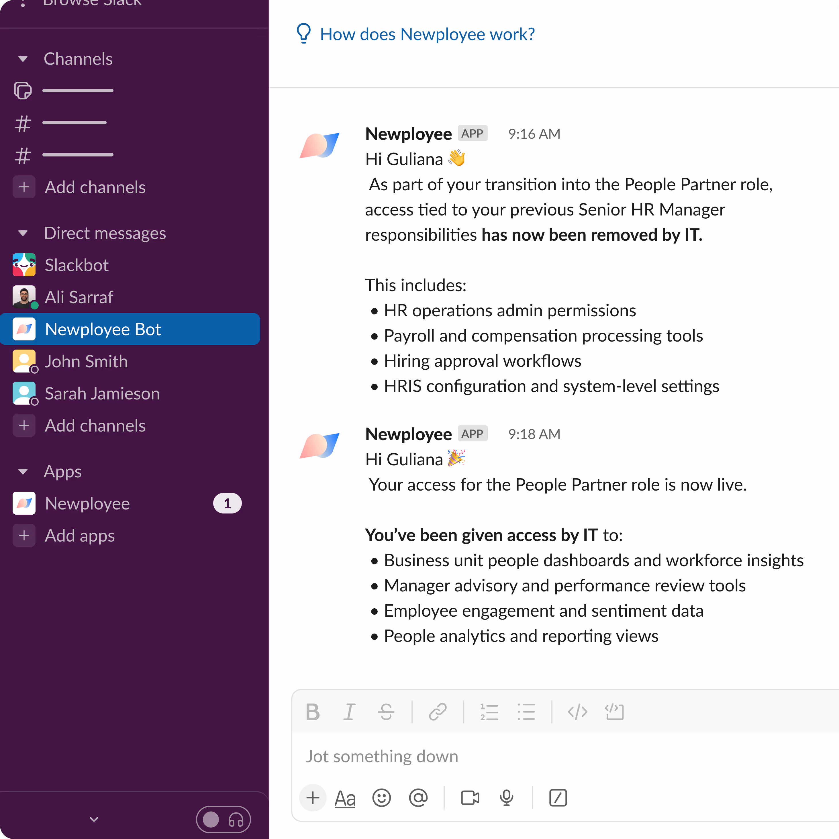 Automated Slack message from Newployee confirming access changes during crossboarding, showing removed permissions from the previous role and newly activated tools and dashboards for the new role.