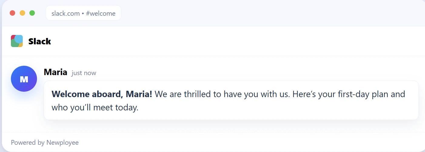 Welcome message on slack for the new hire