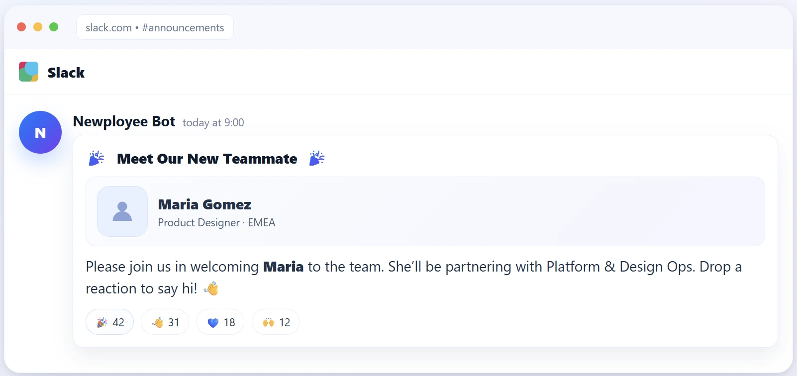 New hire announcement on slack