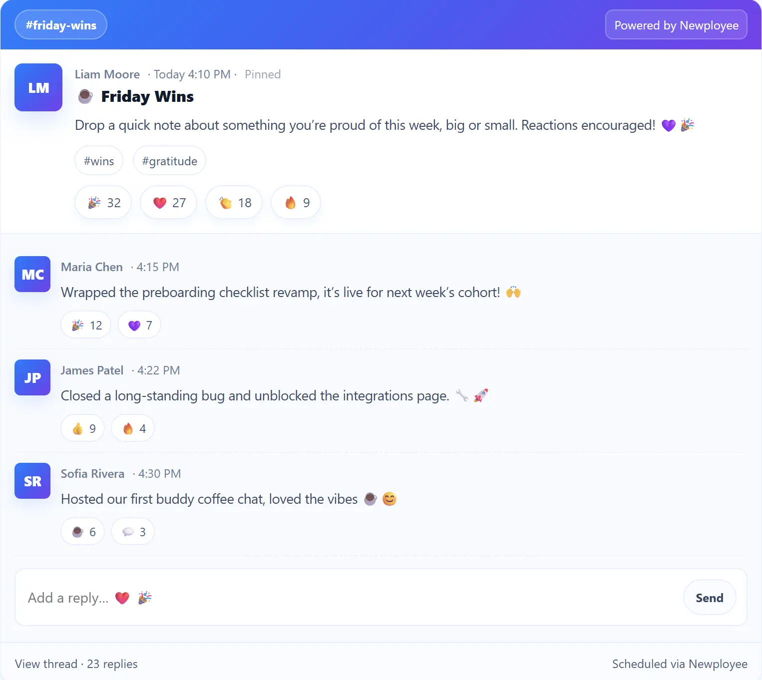 Schedule friday wins slack message via newployee