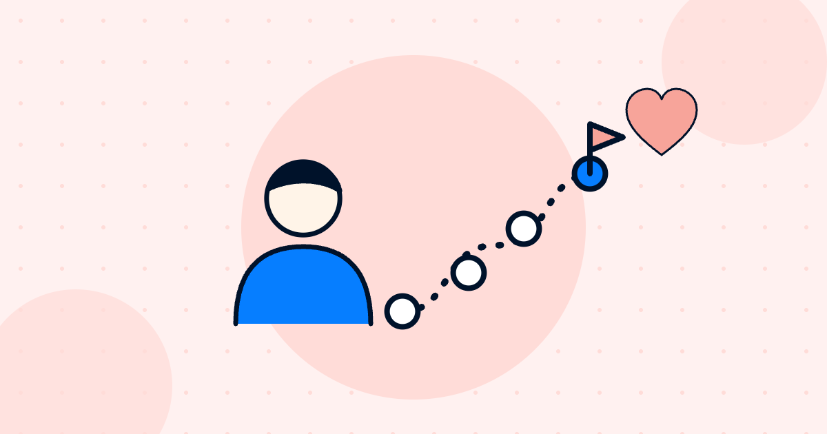 Employee experience illustration showing a person, a path with milestones and a heart