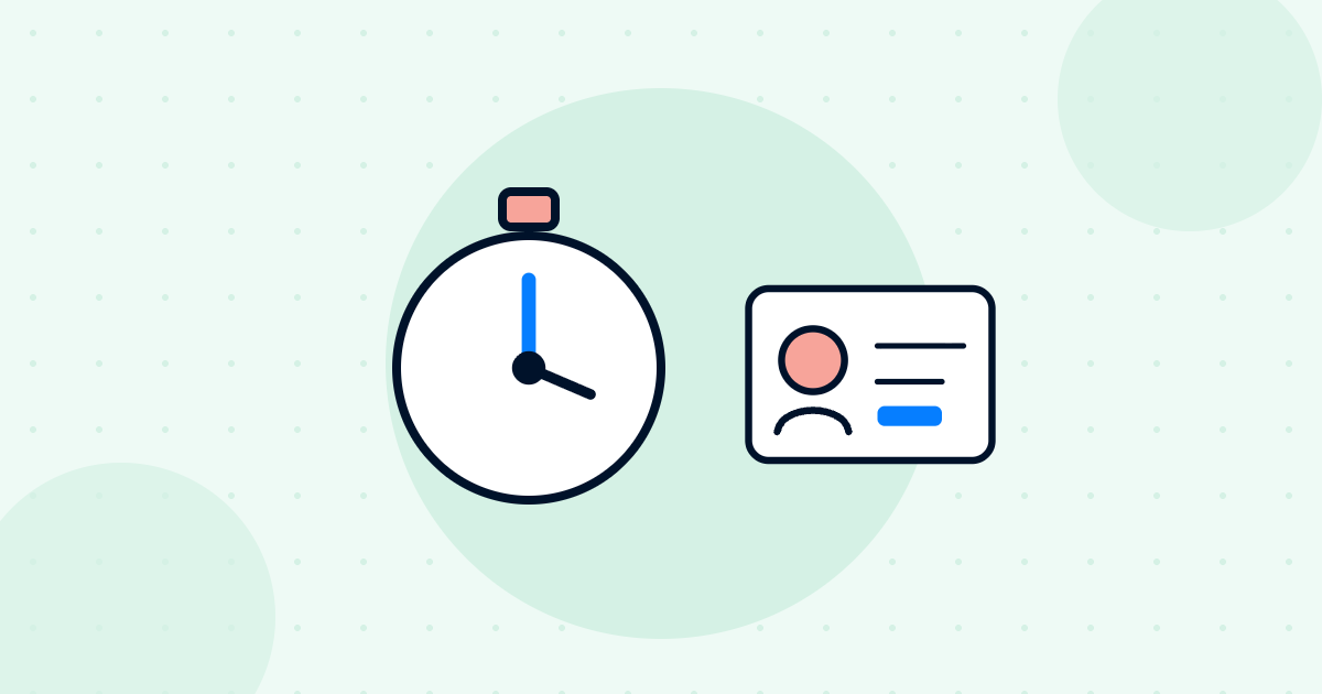 Time to hire illustration showing a stopwatch and an ID card