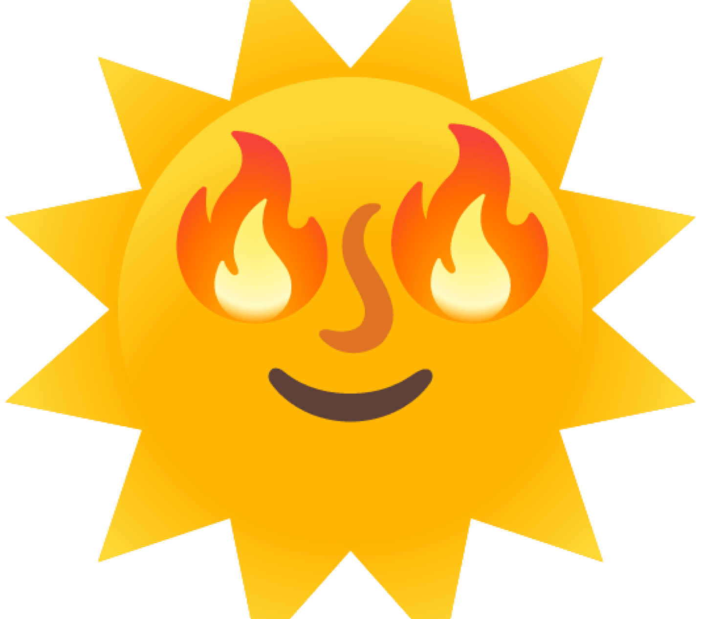 A happy sun emoji with fire eyes.