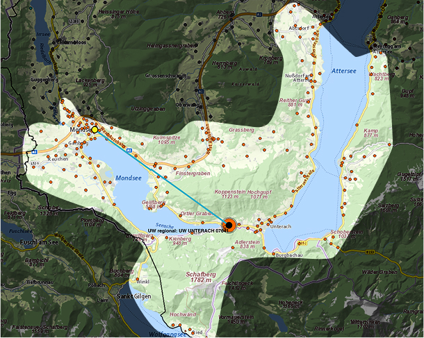 Einzugsgebiet der Energiegemeinschaft Pichlmühle. Attersee bis zur nördlichen Grenze bei Abtsdorf und Mondsee.