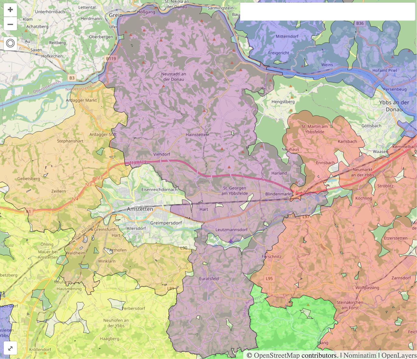 Einzugsgebiet der Energiegemeinschaft Blindenmarkt um das Umspannwerk Amstetten Ost