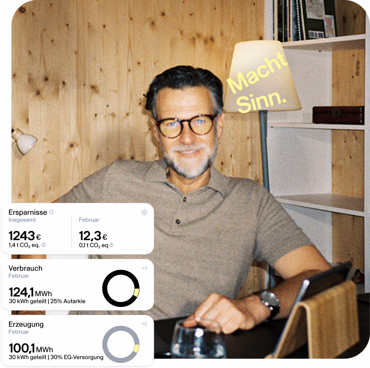 Smiling man with glasses and beard sitting at a table in a cozy wooden room with a lamp in the background, overlaid with German text showing energy savings, consumption, and production statistics for February.