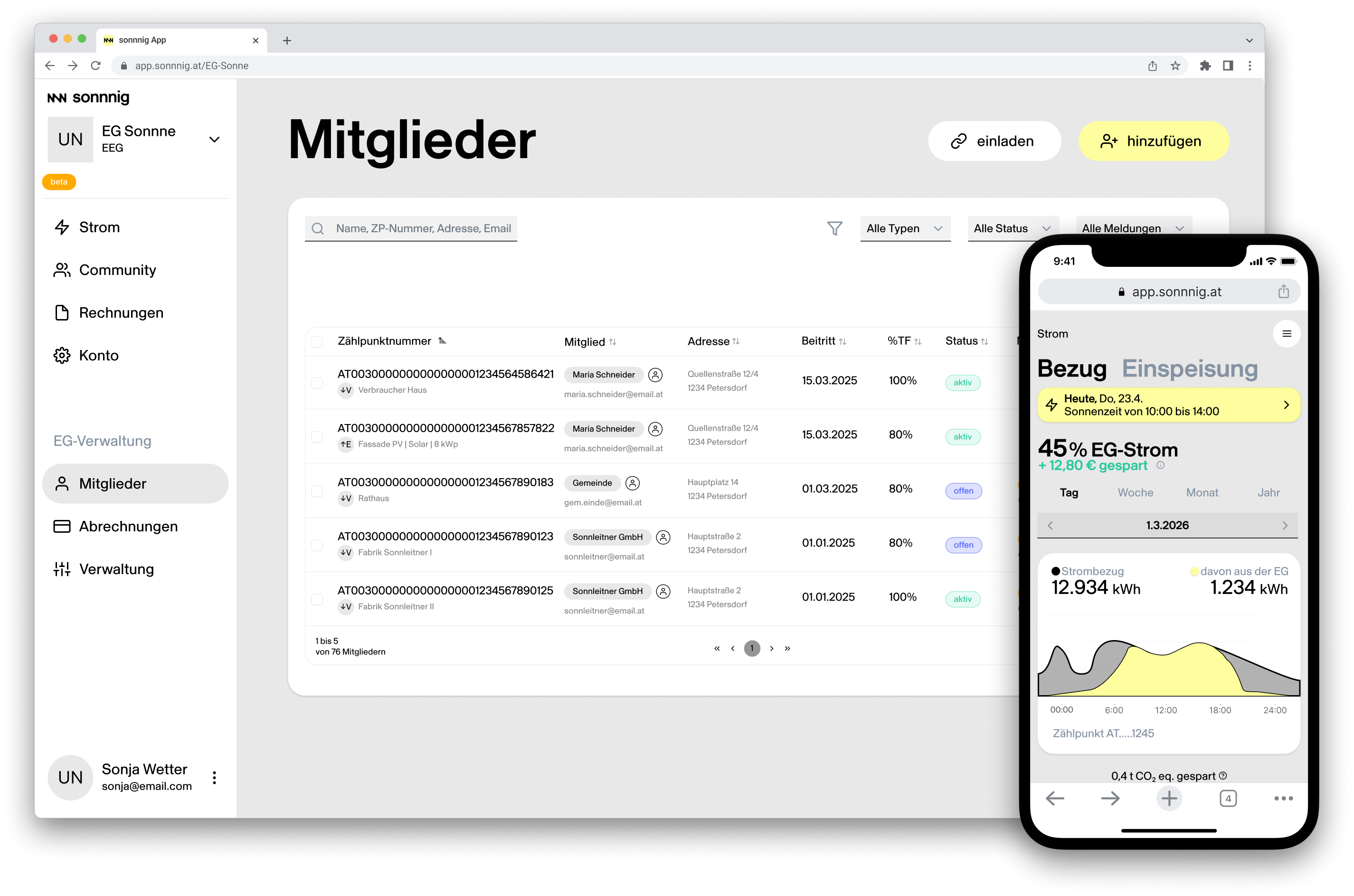 Scrreshots der sonnnig App. Als Dashboard und in der Mobilen Ansicht.