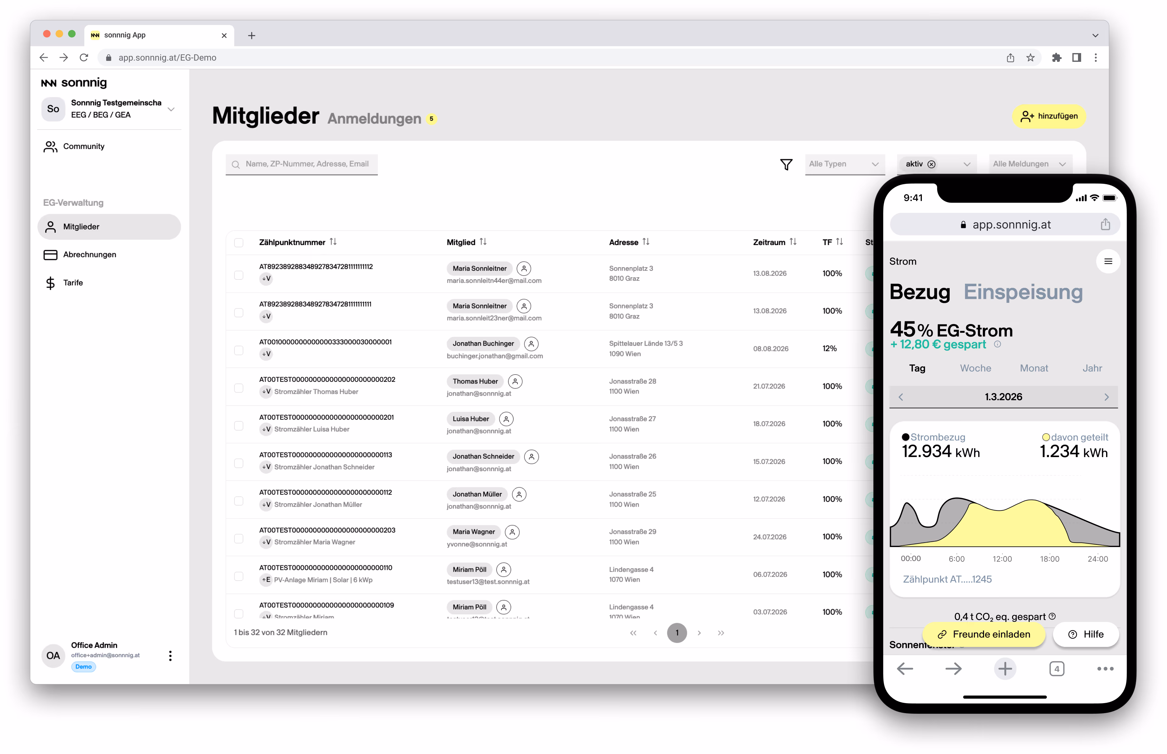 Scrreshots der sonnnig App. Als Dashboard und in der Mobilen Ansicht.