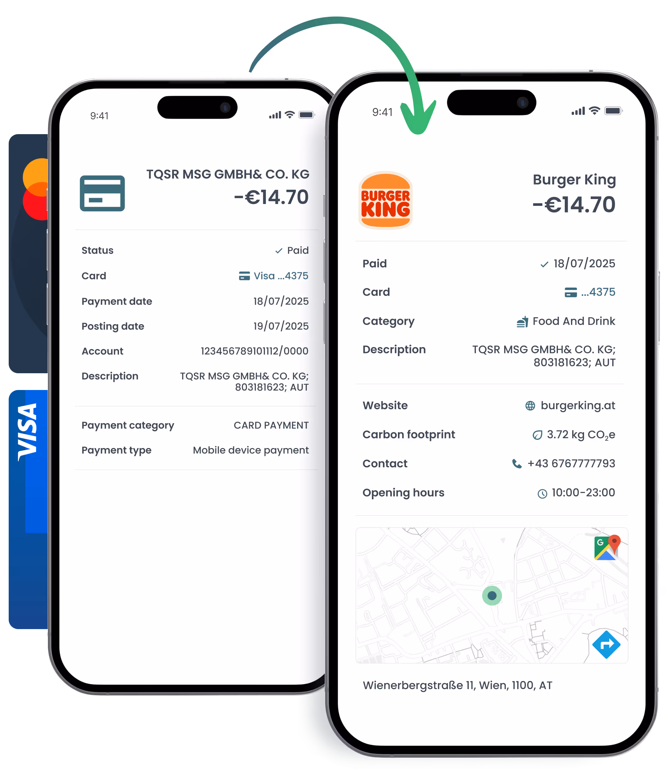 Banking transaction displaying a merchant logo for Visa and Mastercard mandate compliance 2027 with enriched merchant data | Tapix by Dateio