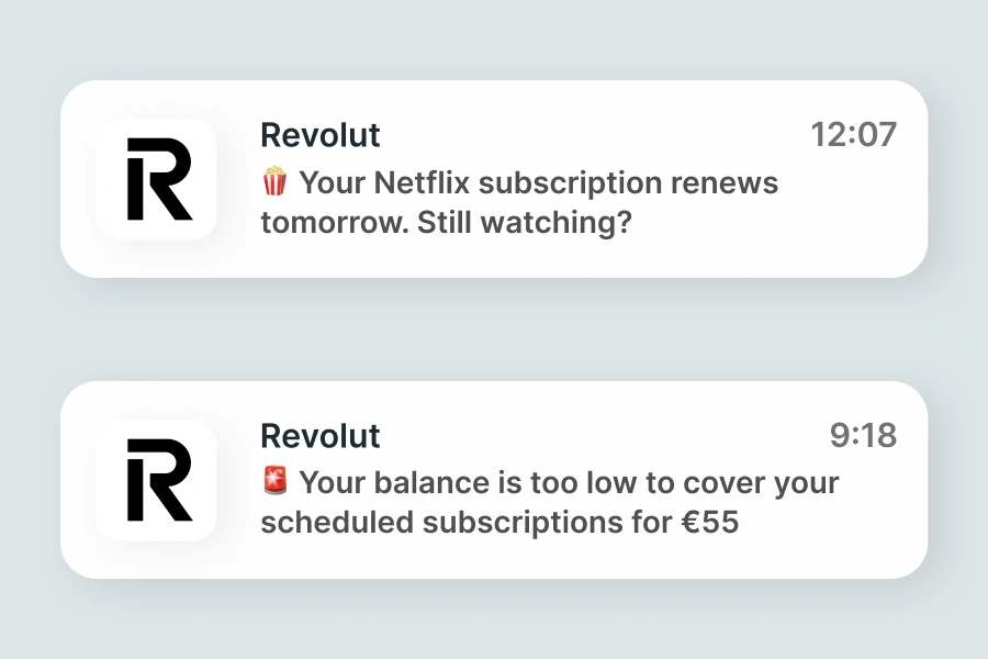 Revolut app notifications showing subscription renewal reminder and low balance alert