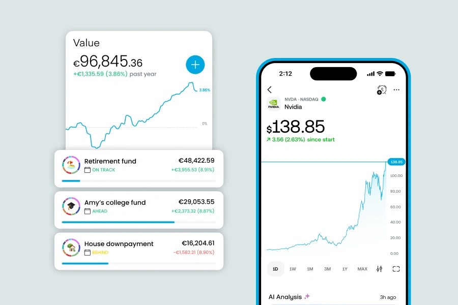 Mobile investment app dashboard showing portfolio growth, stock performance and savings goals