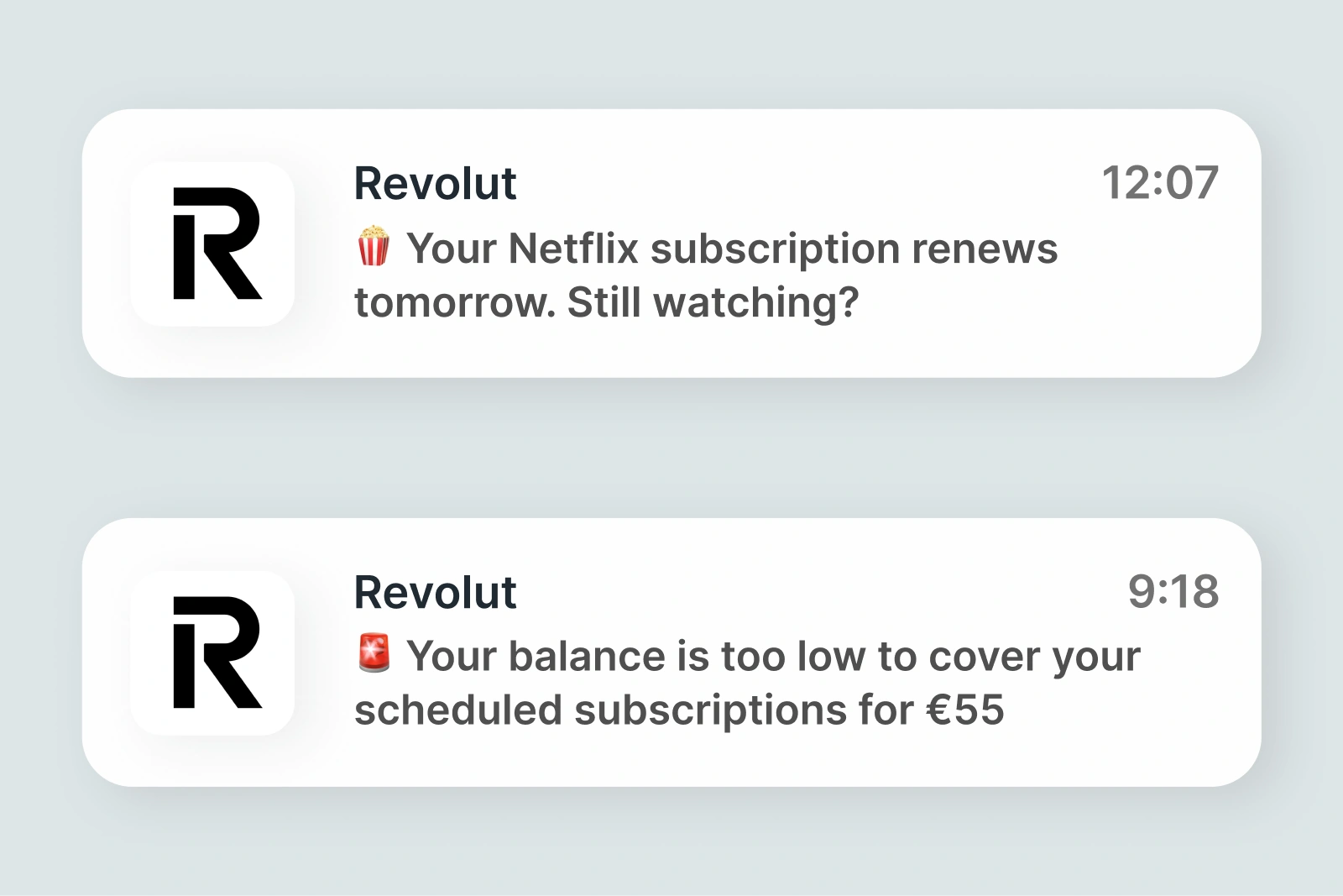 Revolut app notifications showing subscription renewal reminder and low balance alert