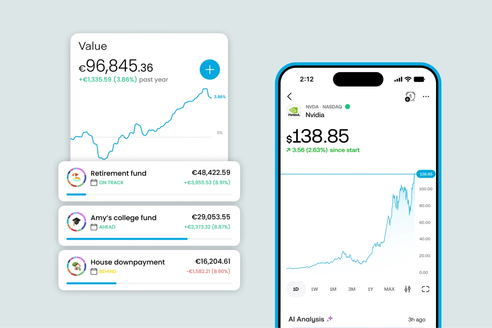 Mobile investment app dashboard showing portfolio growth, stock performance and savings goals