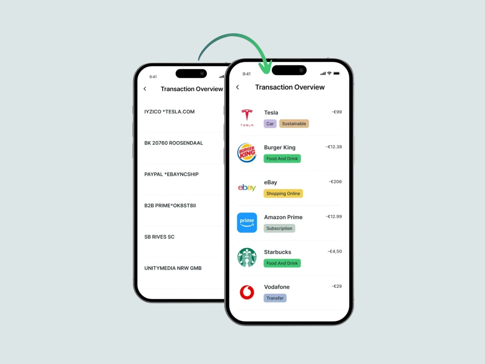 Mobile banking app transaction overview before and after data enrichment with merchant logos and categories by Tapix