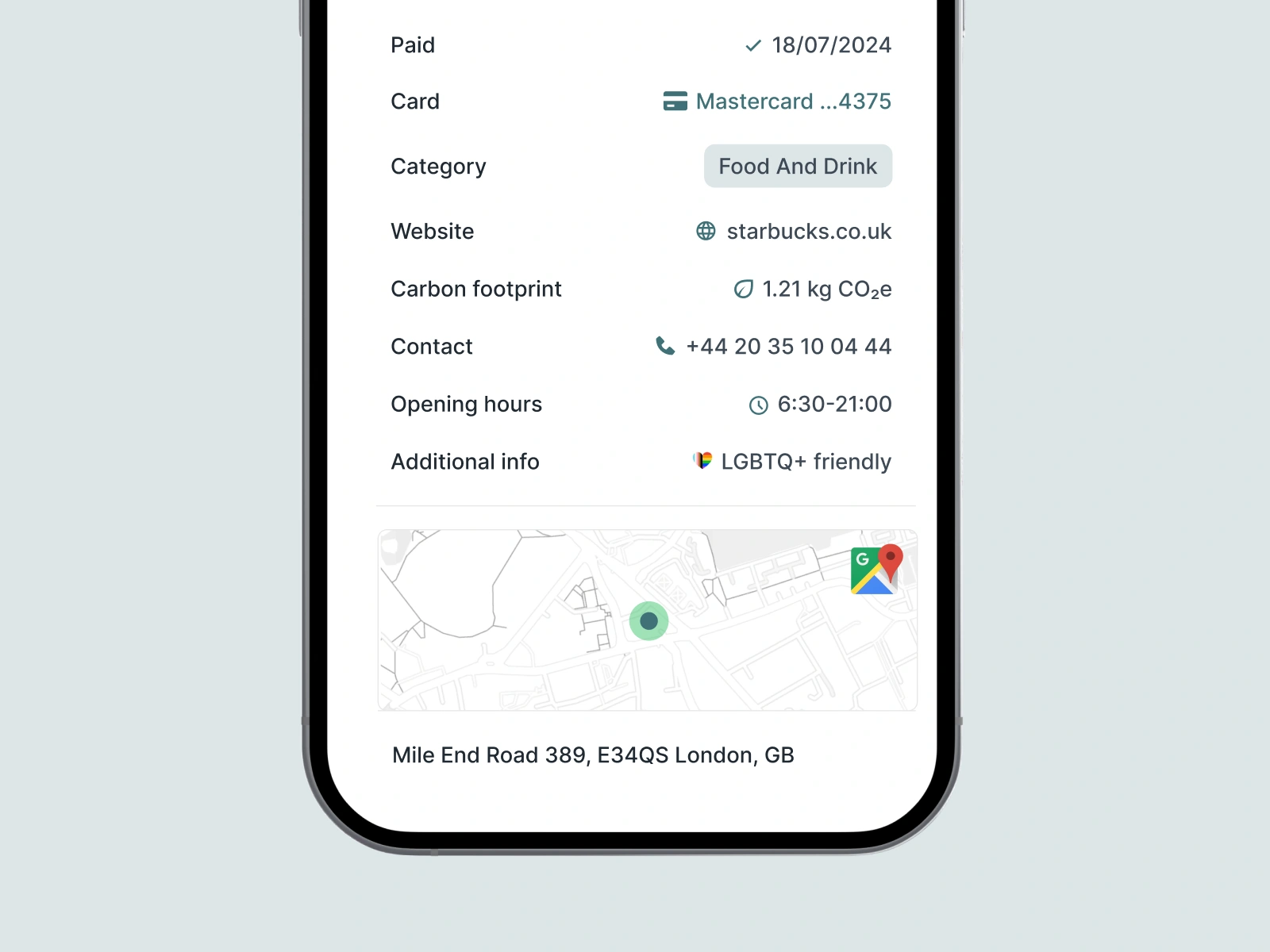 Enriched transaction detail in a banking app showing Starbucks location, opening hours, category and carbon footprint by Tapix