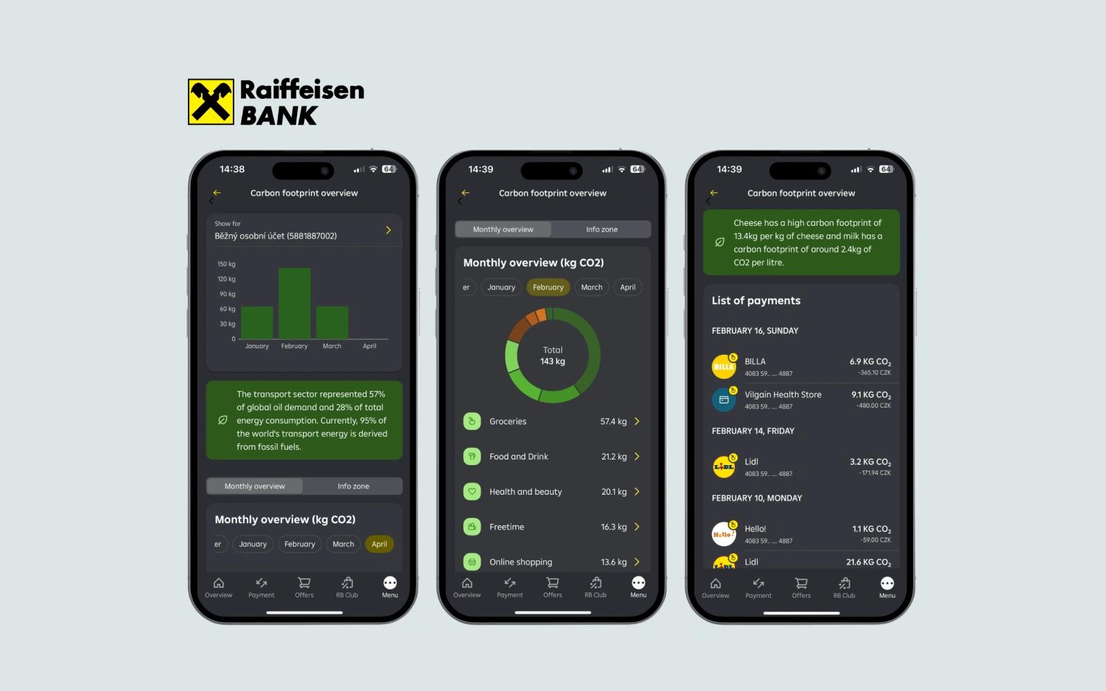 Raiffeisen Bank mobile app displaying carbon footprint insights powered by Tapix Eco Track