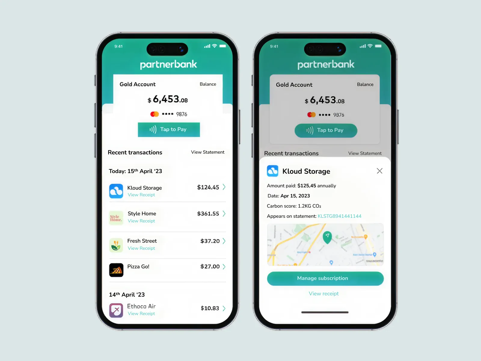 Banking app enriched transaction list with subscription detail showing billing frequency, carbon score and location