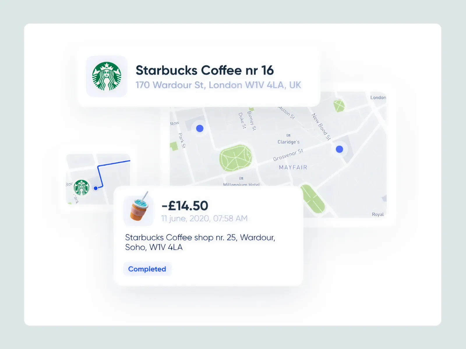 Store-level transaction enrichment showing verified merchant location and address on an interactive map