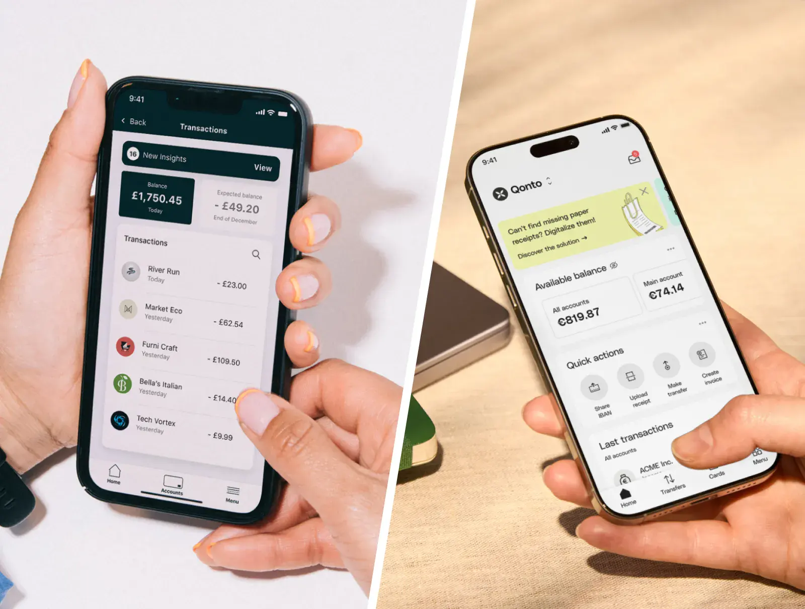 Qonto and Tide SME mobile banking apps showing enriched transaction feeds and business account dashboards