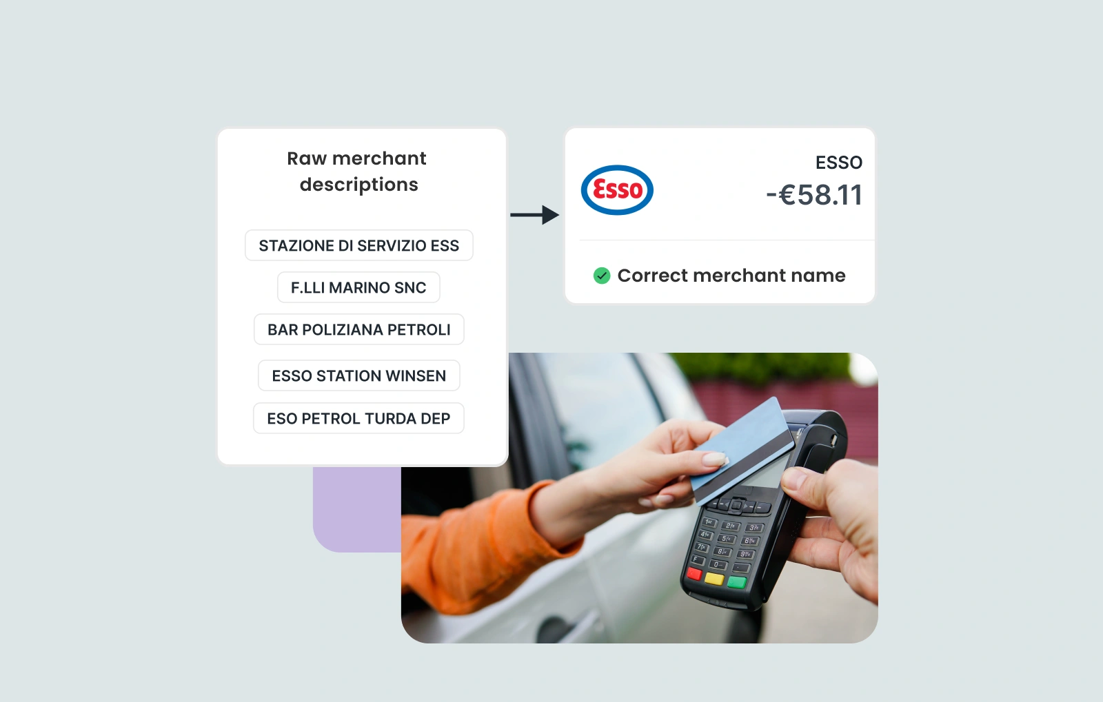 Various raw merchant descriptions resolved to the correct merchant Esso