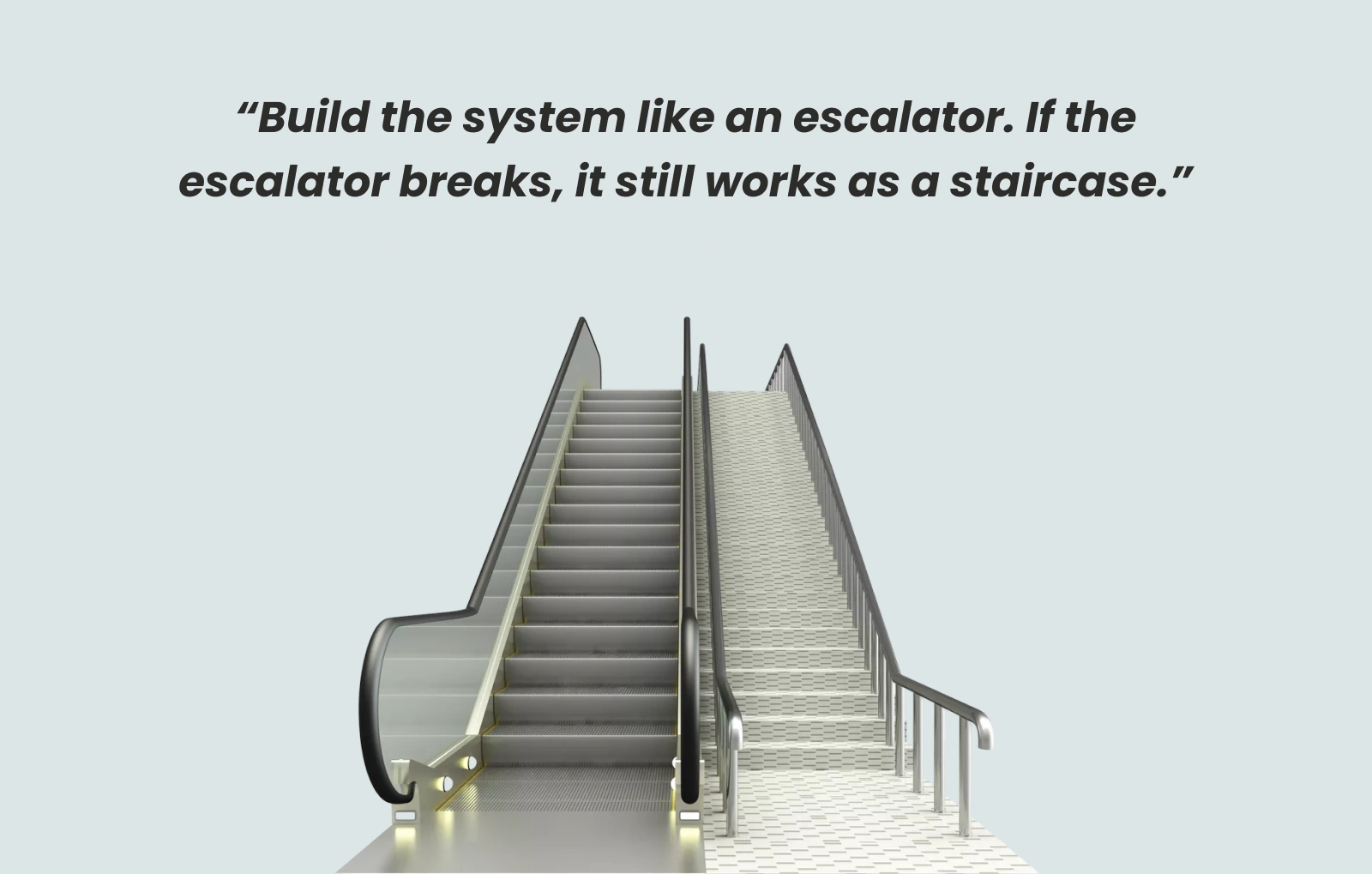 An escalator beside a matching staircase, illustrating the escalator principle - if the escalator breaks, it still works as a staircase.