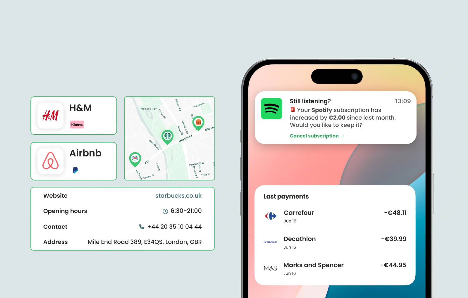 Phone showing a Spotify price-increase alert and recent payments, illustrating features enrichment enables beyond compliance.