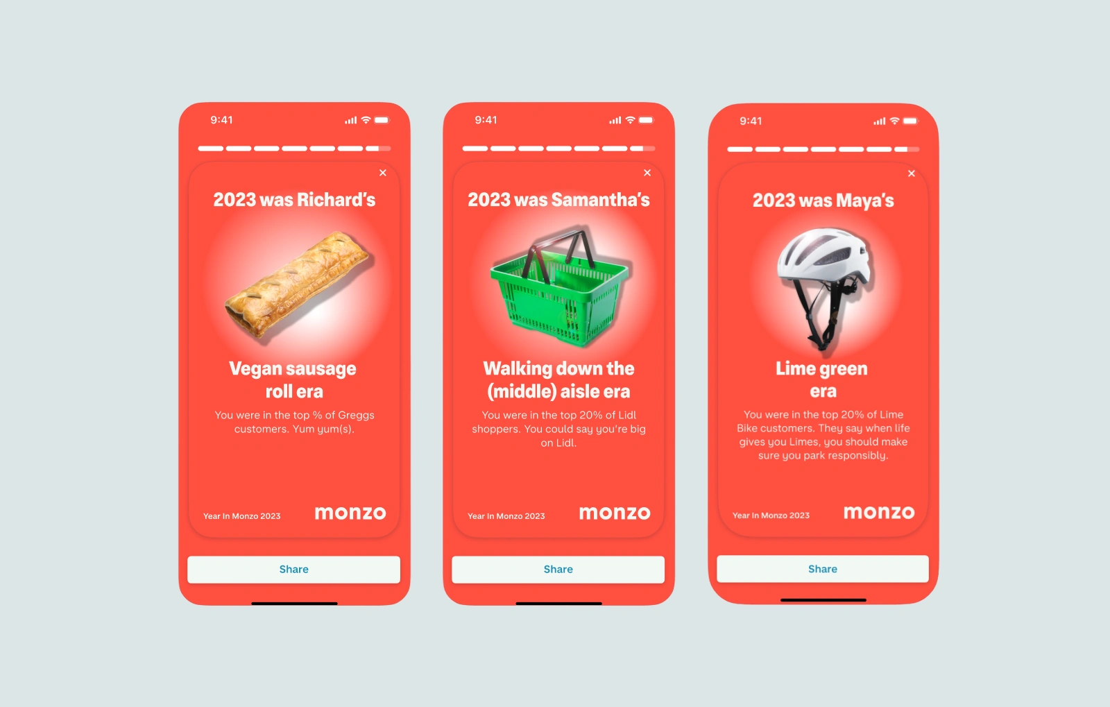 Three Monzo 2023 year-in-review screens naming each user's top spending habit at Greggs, Lidl and Lime.