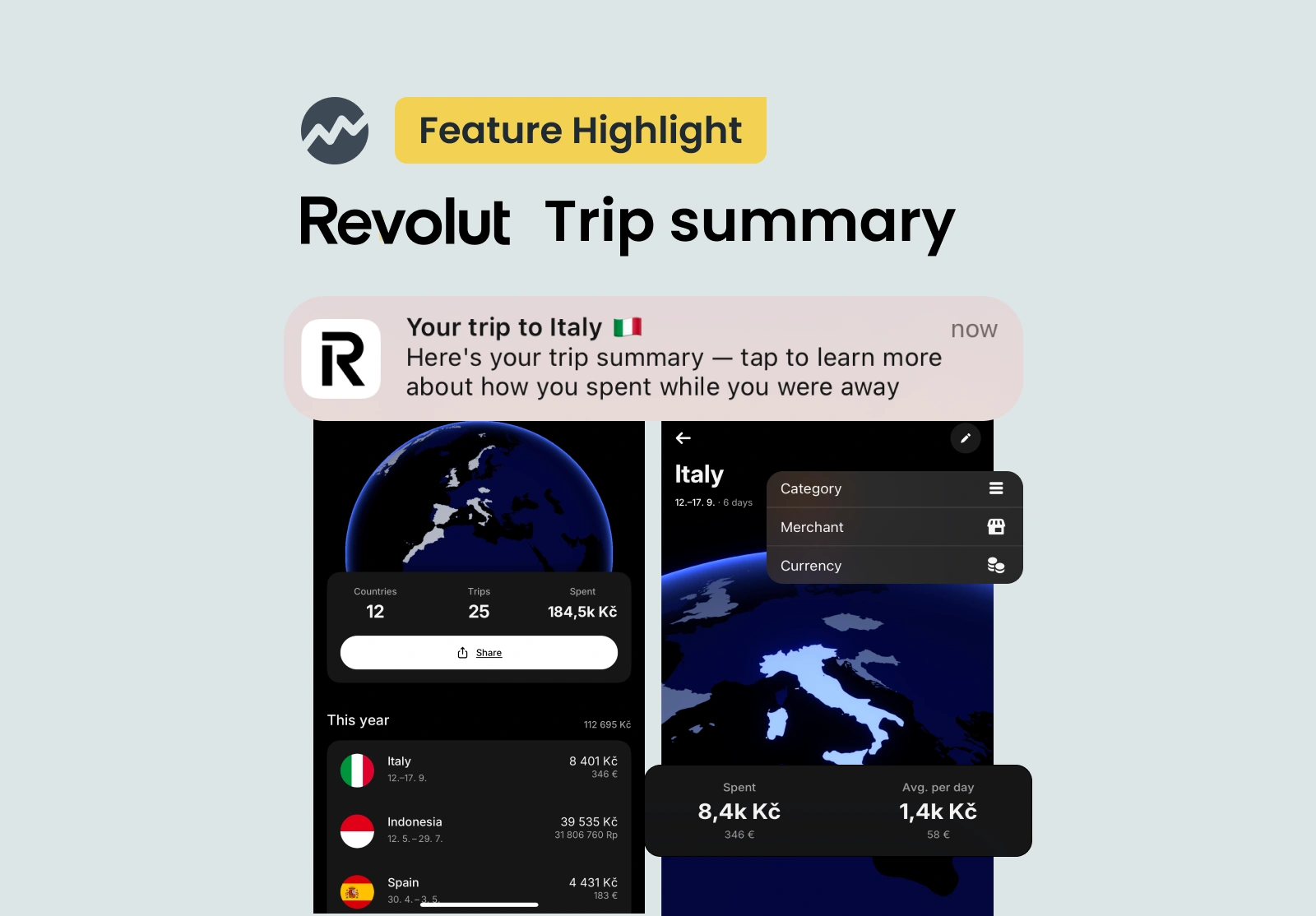 Revolut trip summary grouping foreign payments by country and dates, with total and daily average.