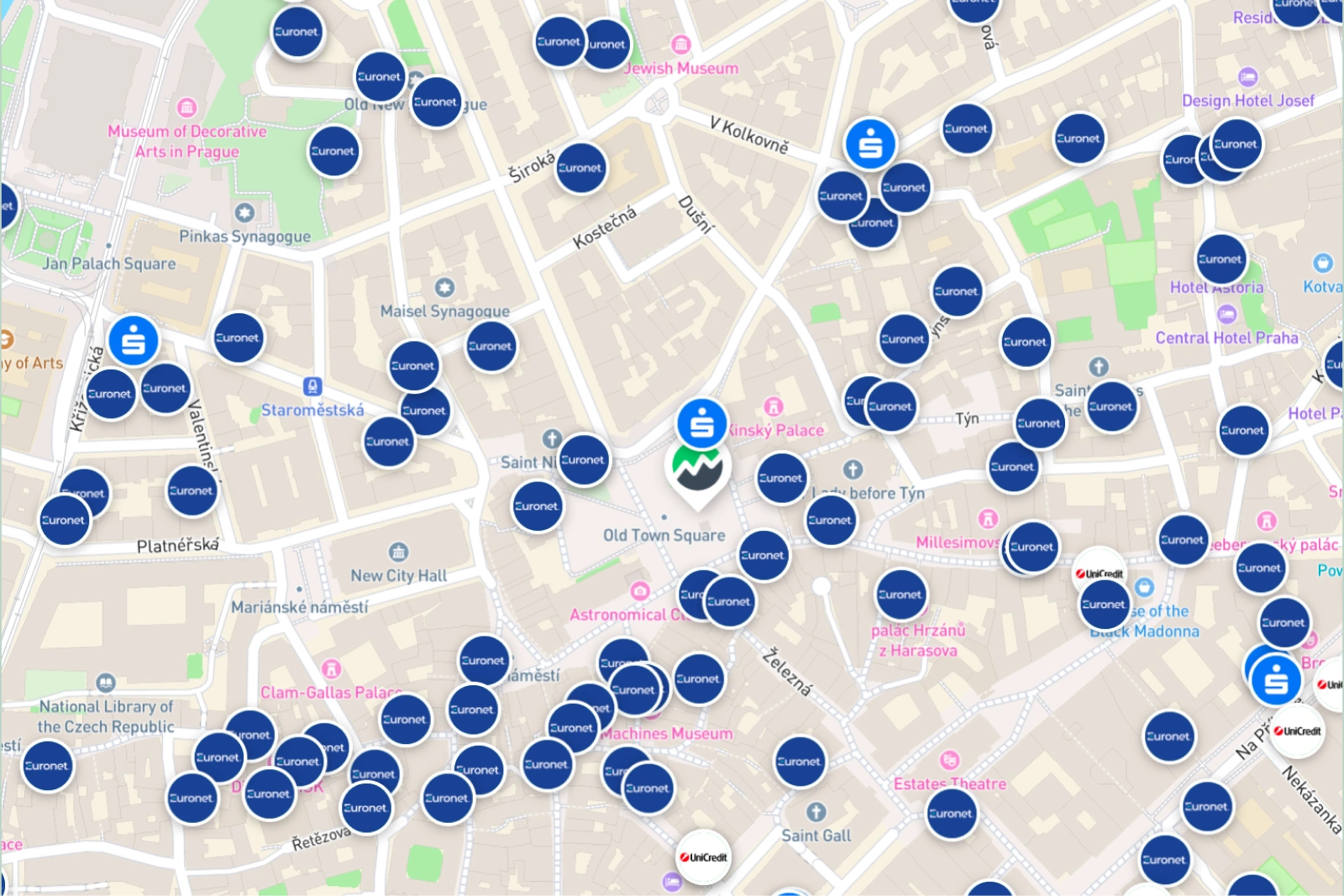 Map of Prague showing ATMs dominated by a single non-bank operator.