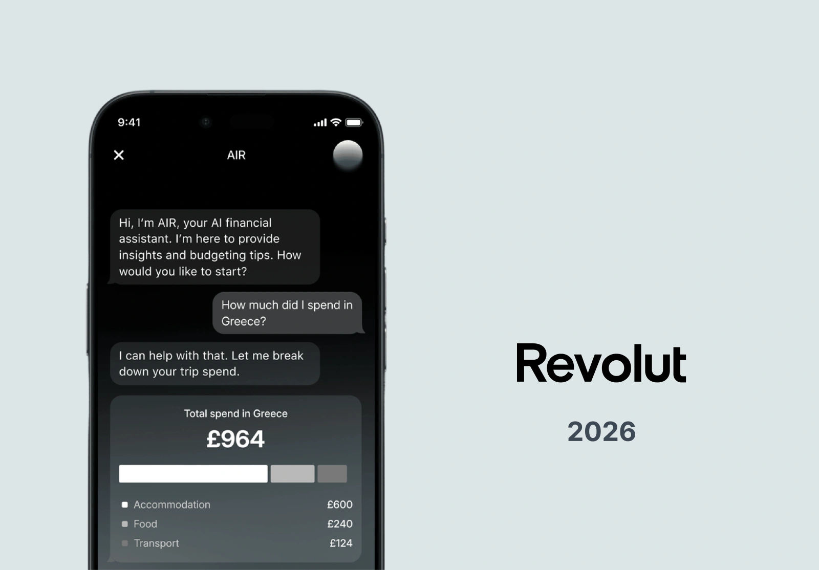 Revolut's AI assistant AIR breaking down trip spend in Greece by category.
