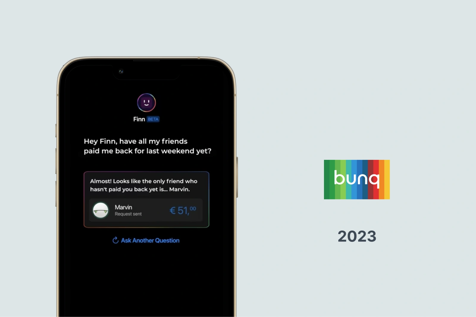 bunq's AI assistant Finn answering which friend still owes money after a weekend.