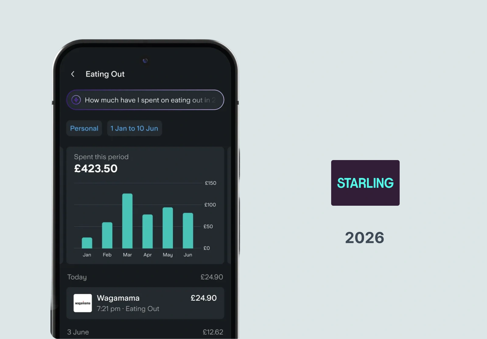 Starling's AI search showing eating-out spend by month with enriched merchant transactions.
