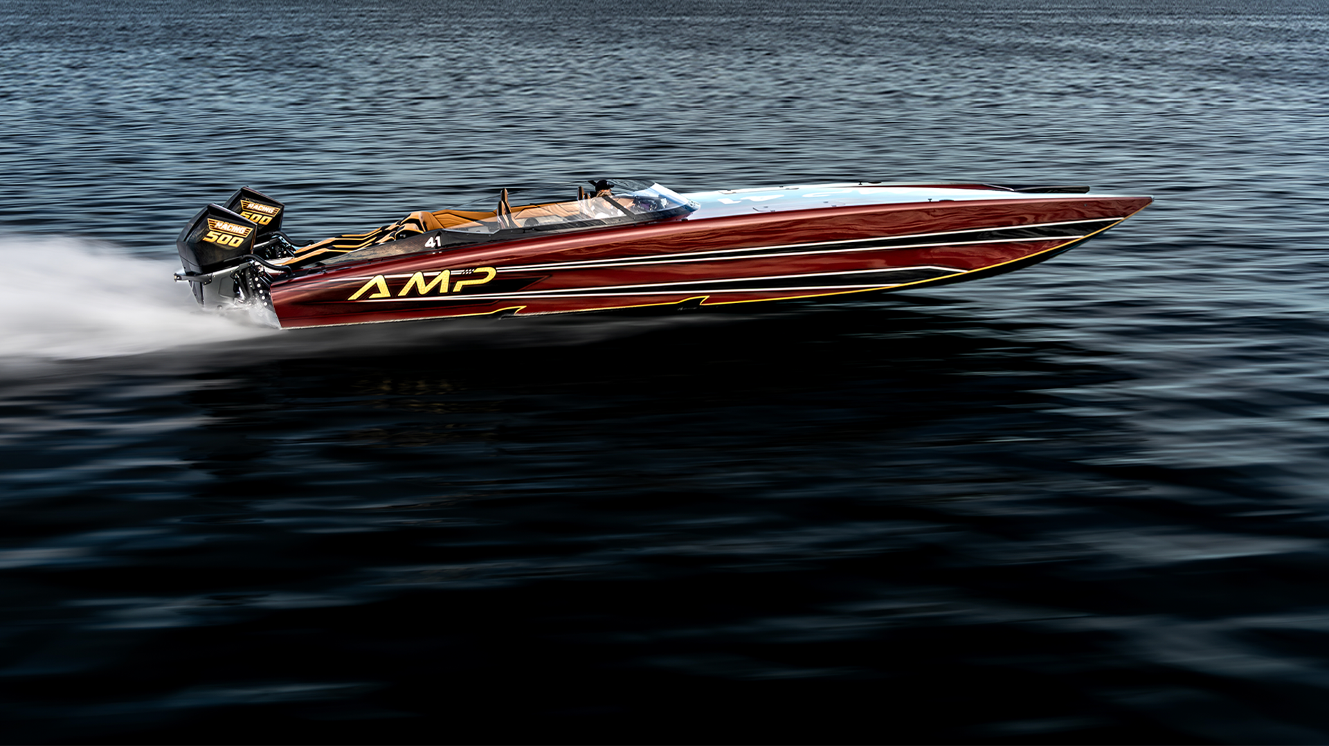 fast and sleek red AMP 333 center console high performance boat with triple mercury racing engines