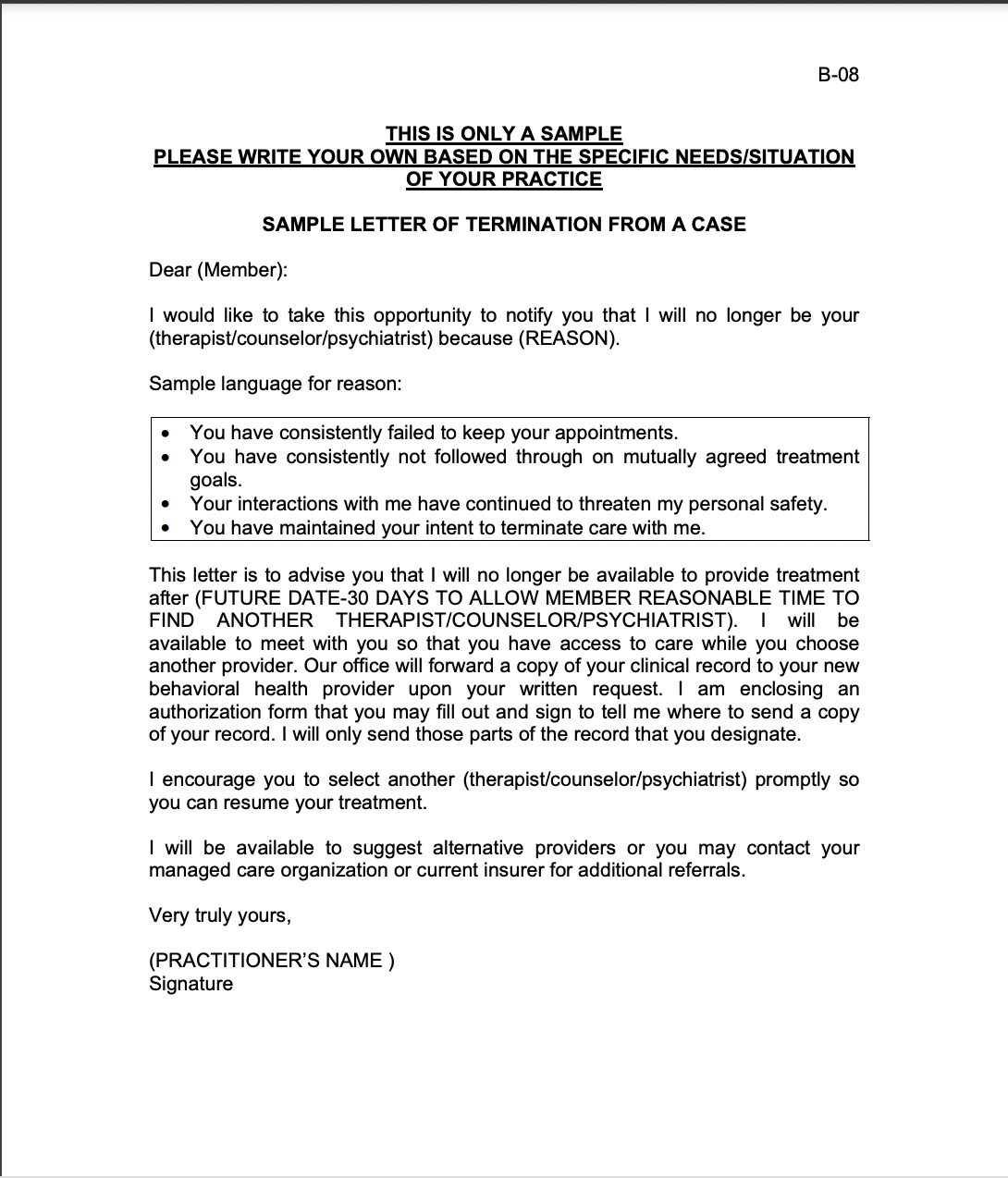 Mental health counseling termination letter sample
