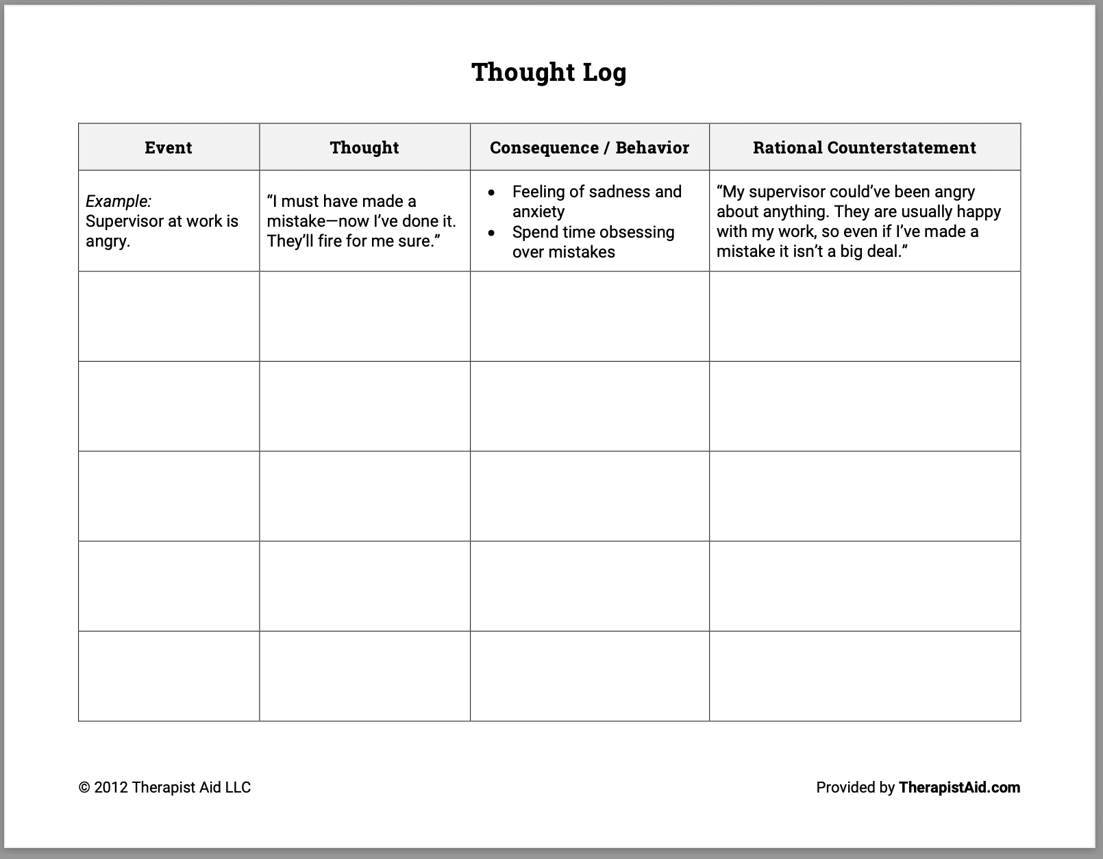 Cognitive Behavioral Therapy Worksheets Example