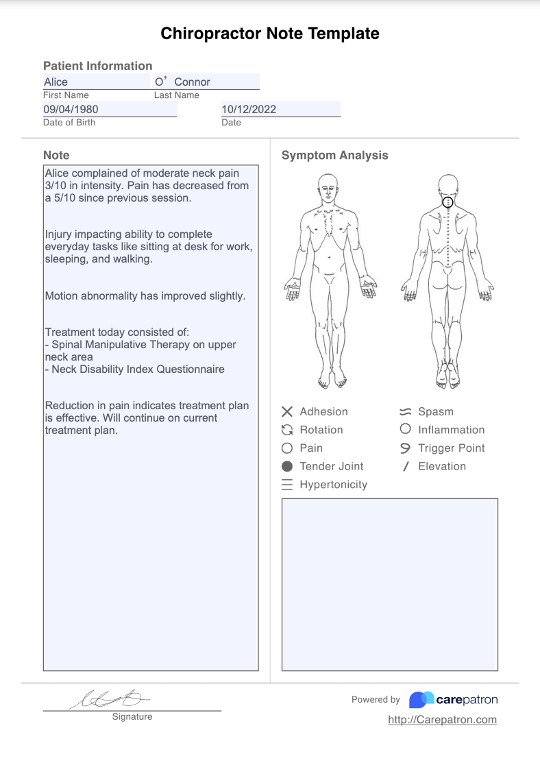 Chiropractor Note Example (Sample)