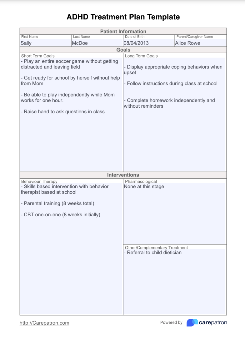 ADHD treatment plan example