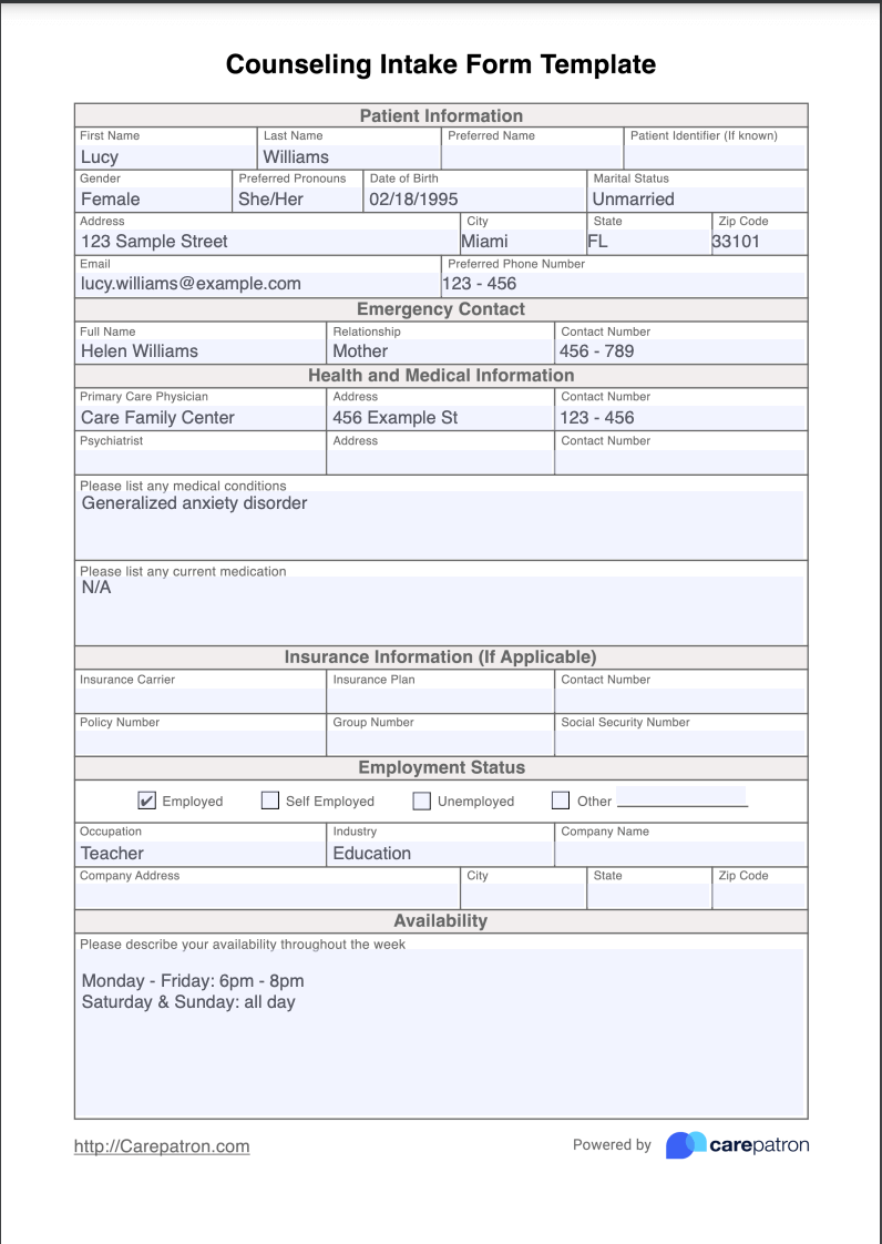 Counseling Intake Form Example (Sample)