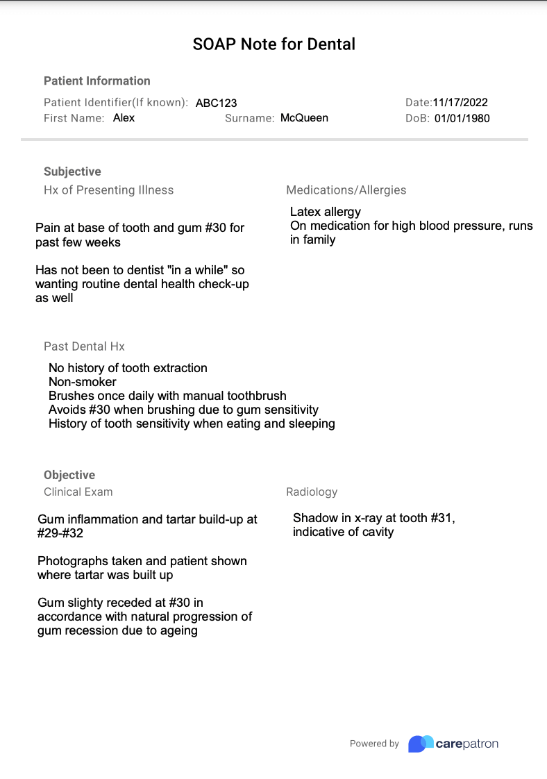 SOAP note for dental example