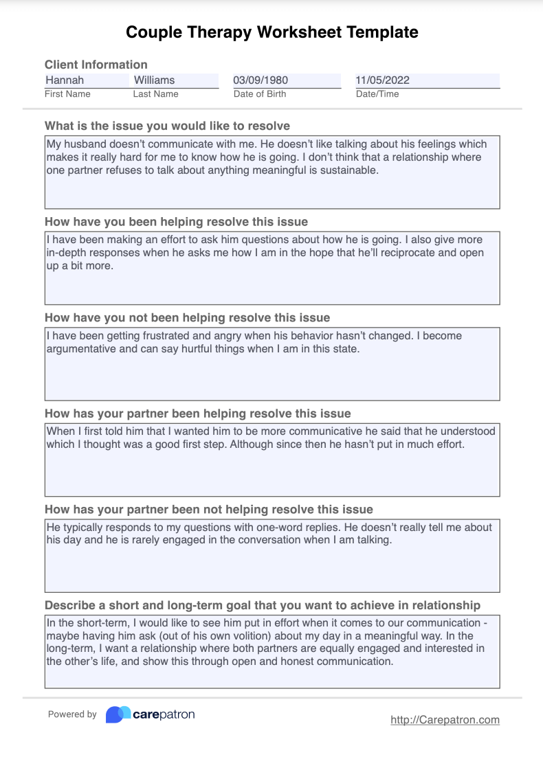 Couples Therapy Worksheets Template Example (Sample)