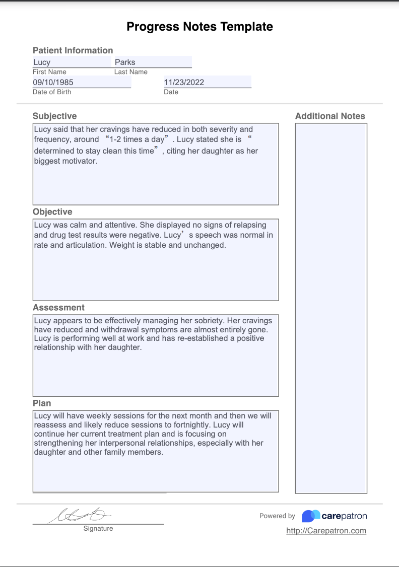 Progres note example