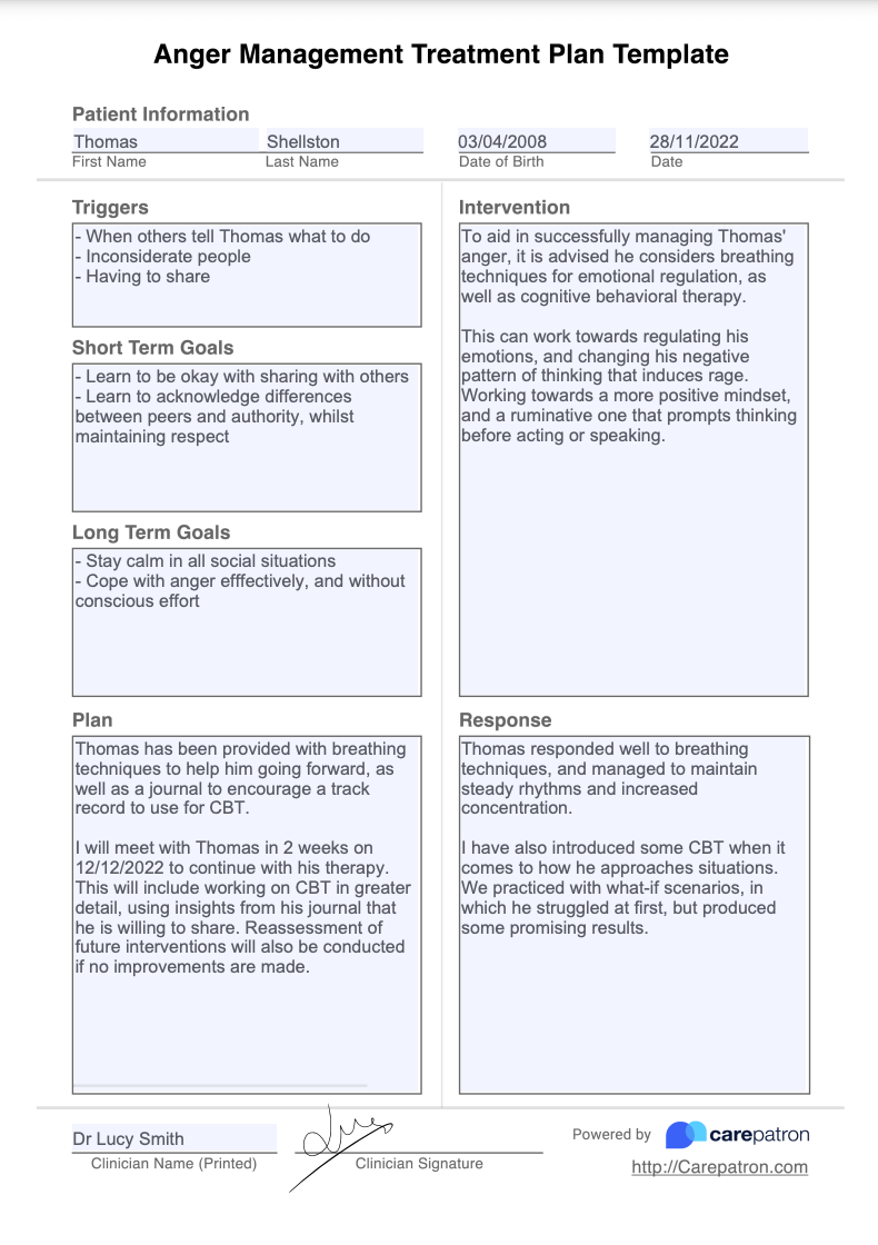 Anger Management Treatment Plan Example (sample)
