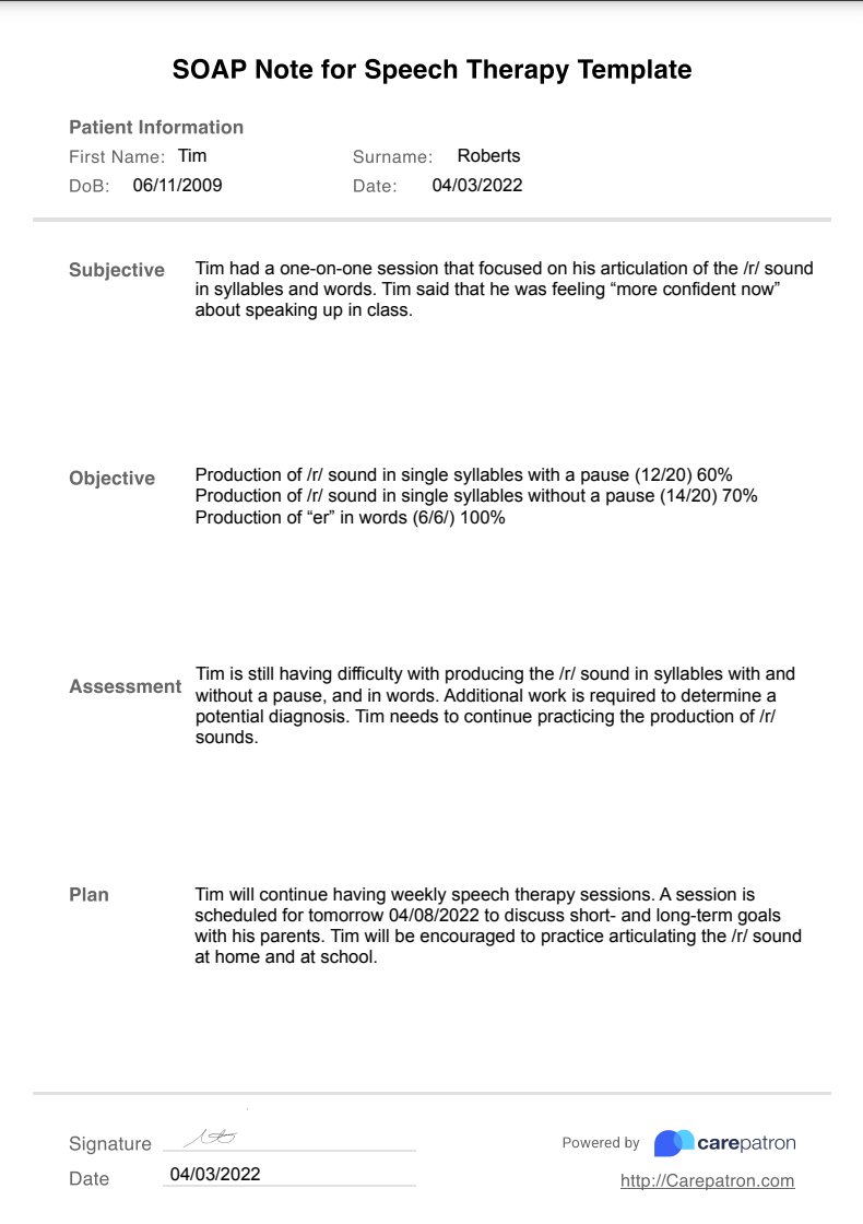 Speech Therapy SOAP Note Example (Sample)