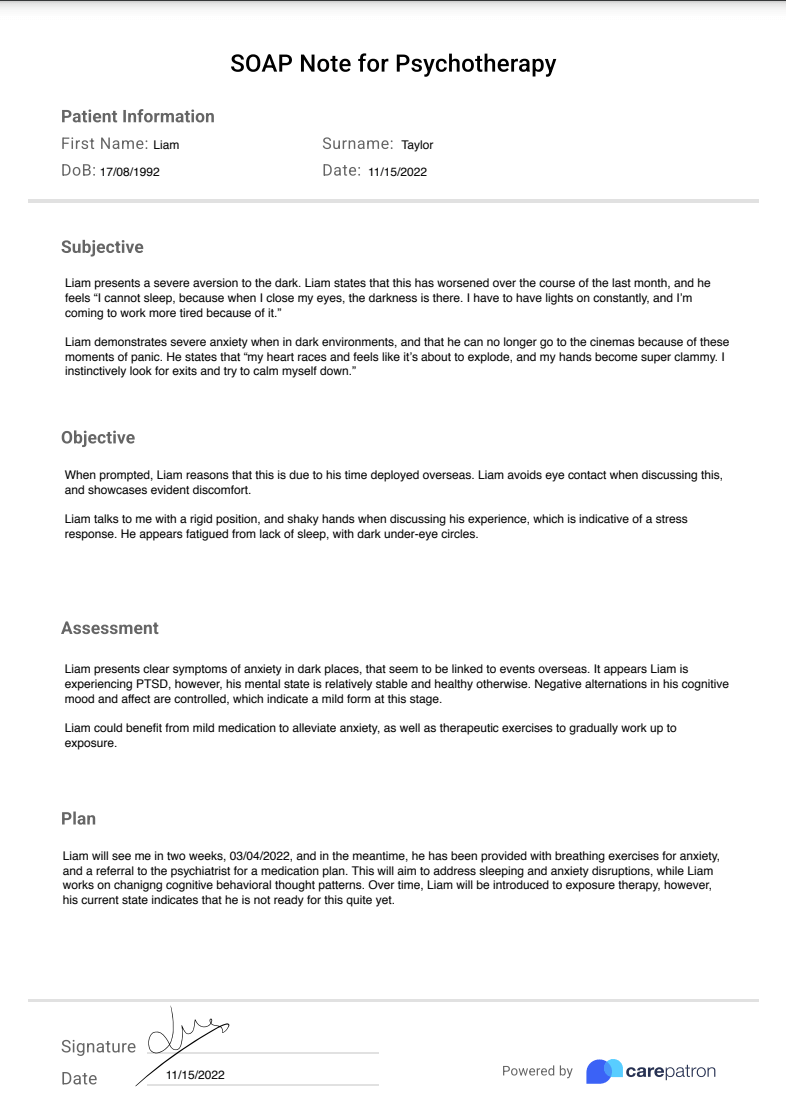 Psychotherapy SOAP Note Example (sample)