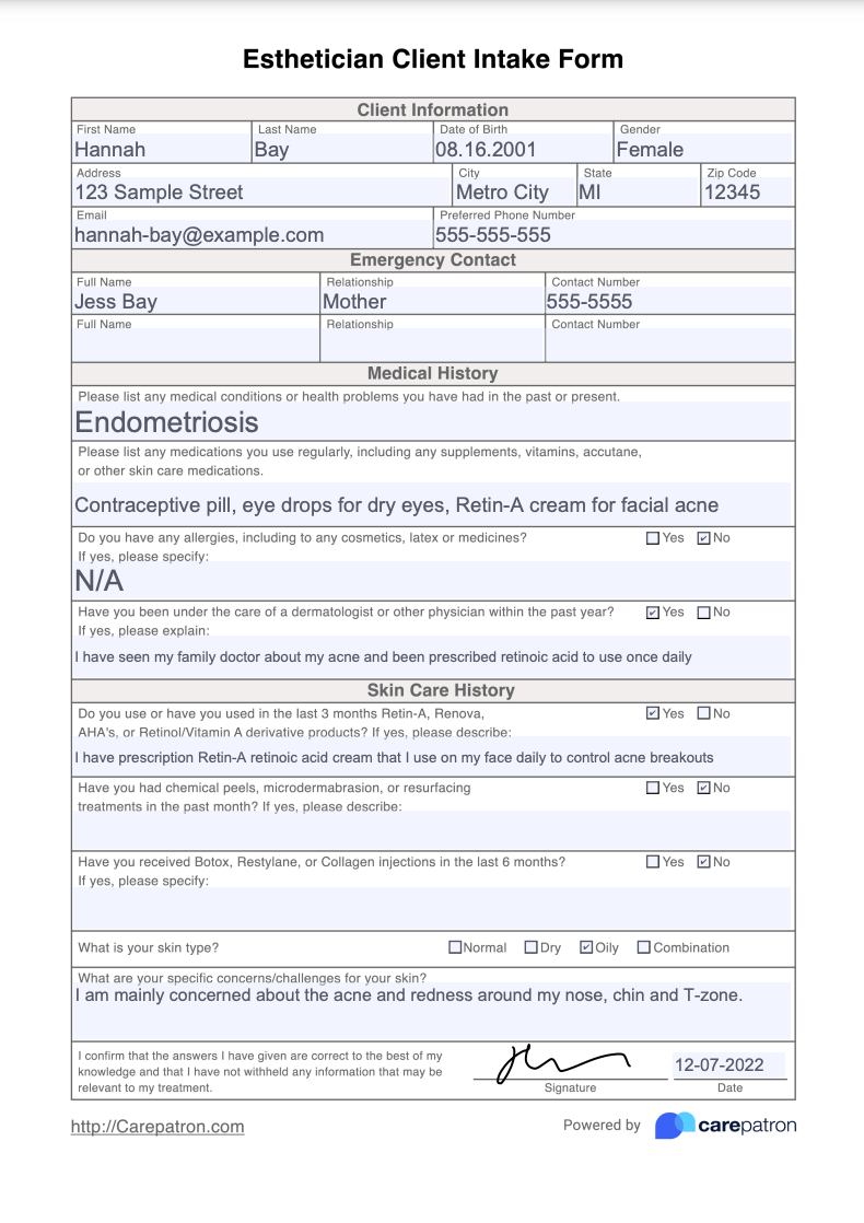 Esthetician Client Intake Form Example (Sample)