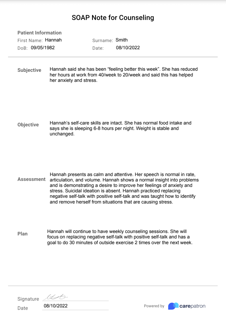 SOAP Note Template Example Counseling
