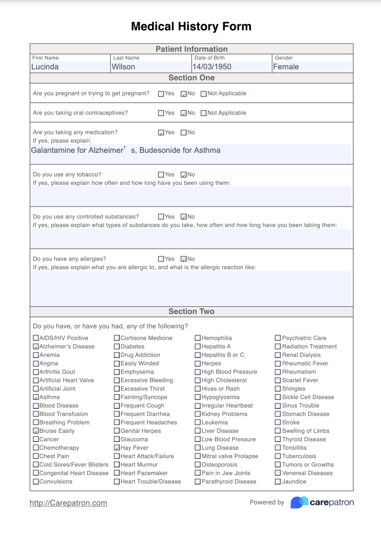 Medical History Form Example (Sample)